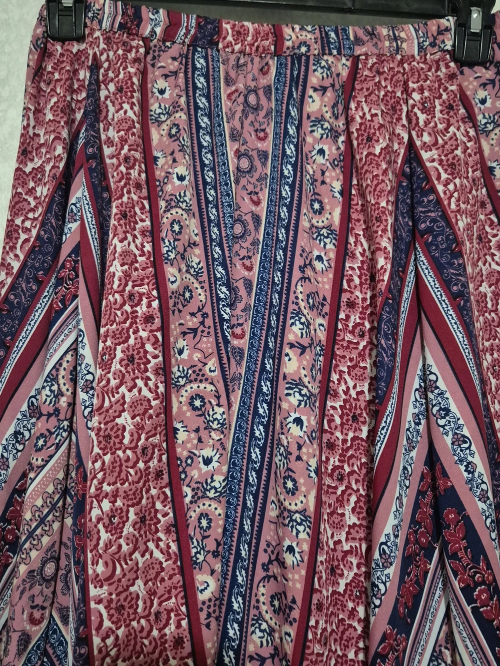 Bohemian Pink Patterned Maxi Skirt with Navy Accents